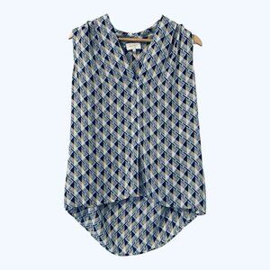 Women's Medium Blue Tan Pattern Sleeveless Casual Soft Hi-Low Career Blouse